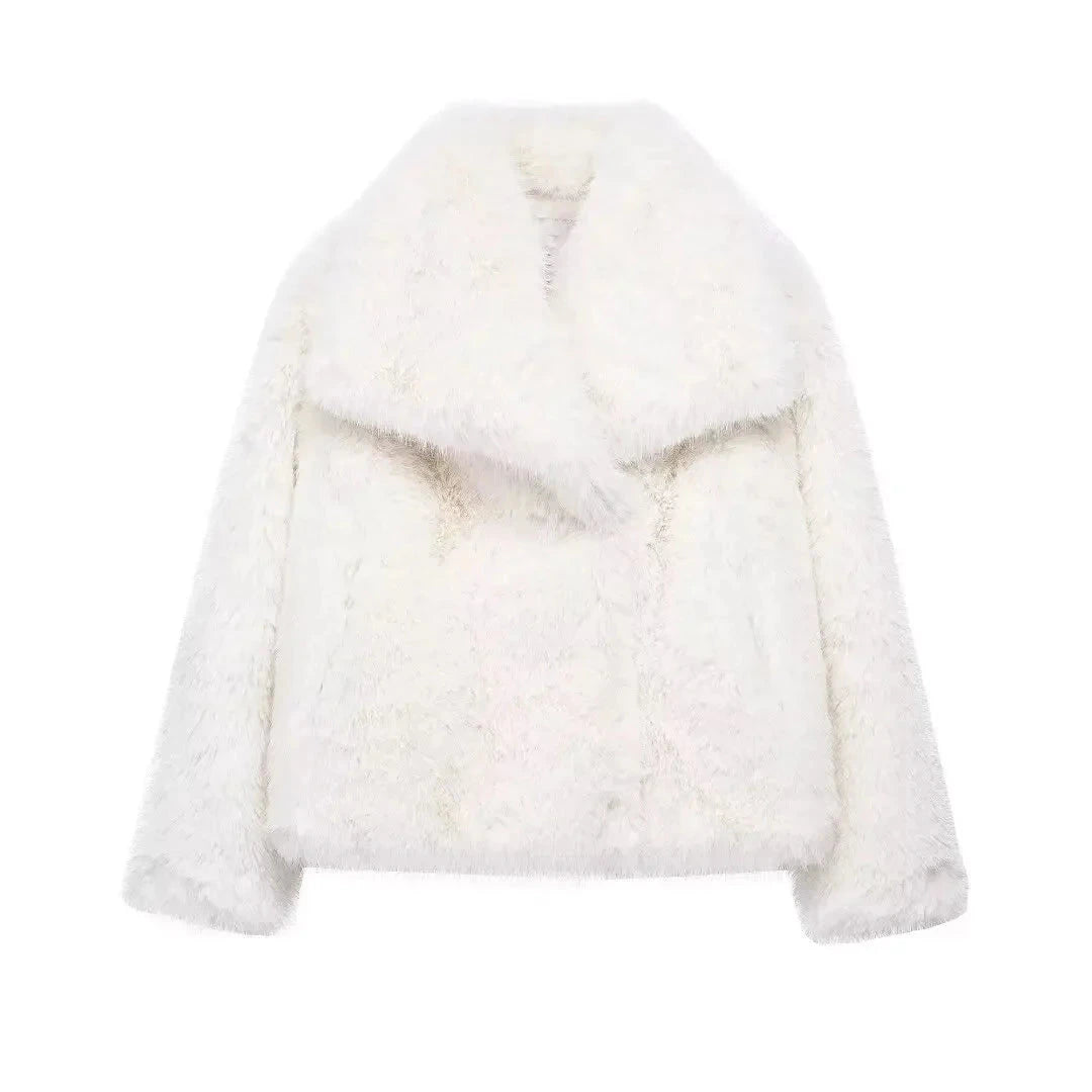 Snow white faux leather fur plush coat with covered button closure and regular fit, ideal for evening wear.