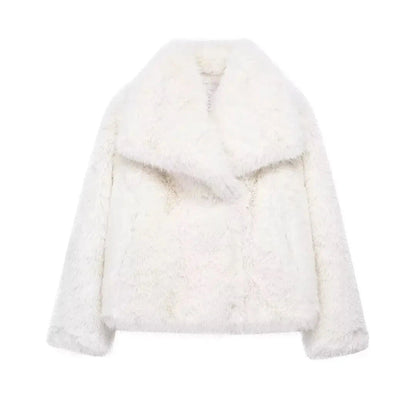 Snow white faux leather fur plush coat with covered button closure and regular fit, ideal for evening wear.
