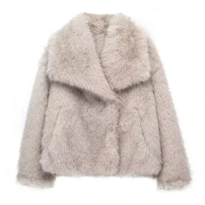 Soft grey faux leather fur plush coat with covered button closure and regular fit, ideal for evening wear.