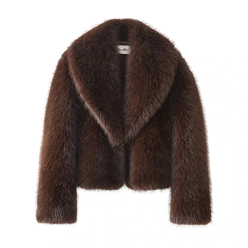 Chic faux leather fur shawl collar coat in espresso brown with a wide-waisted, short length design.