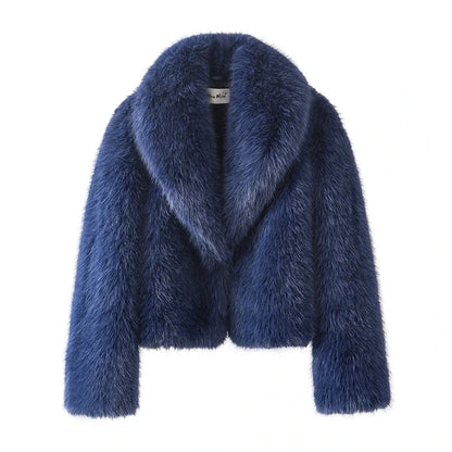 Navy blue chic faux leather fur shawl collar coat with a wide waist and short length, suitable for autumn and winter.