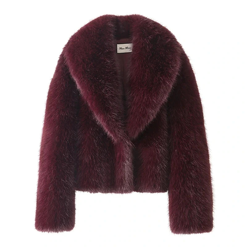 Burgundy red chic faux leather fur shawl collar coat with a wide waist and short length. Ideal for autumn and winter outings.