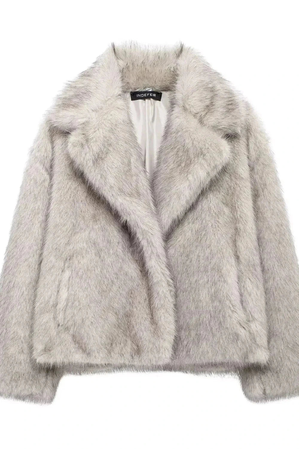 Light grey faux leather fur short coat with a thick and cozy design for casual outings. Regular fit for comfort.