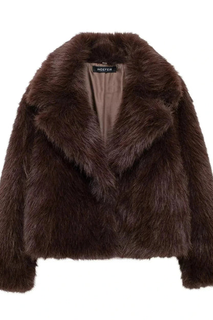 Chic faux leather fur short coat in chocolate brown, designed for warmth and regular fit, perfect for casual outings.