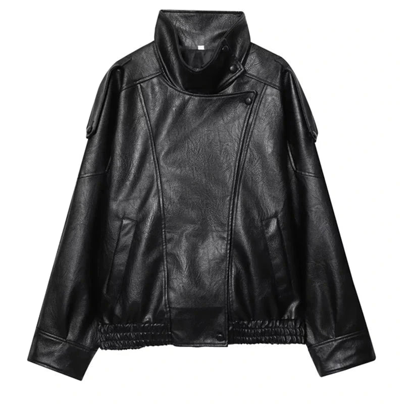 Cropped faux leather bomber jacket in midnight black with snap button closure, ideal for layering in cooler weather.