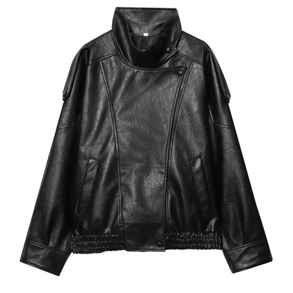 Cropped faux leather bomber jacket in midnight black with snap button closure, ideal for layering in cooler weather.