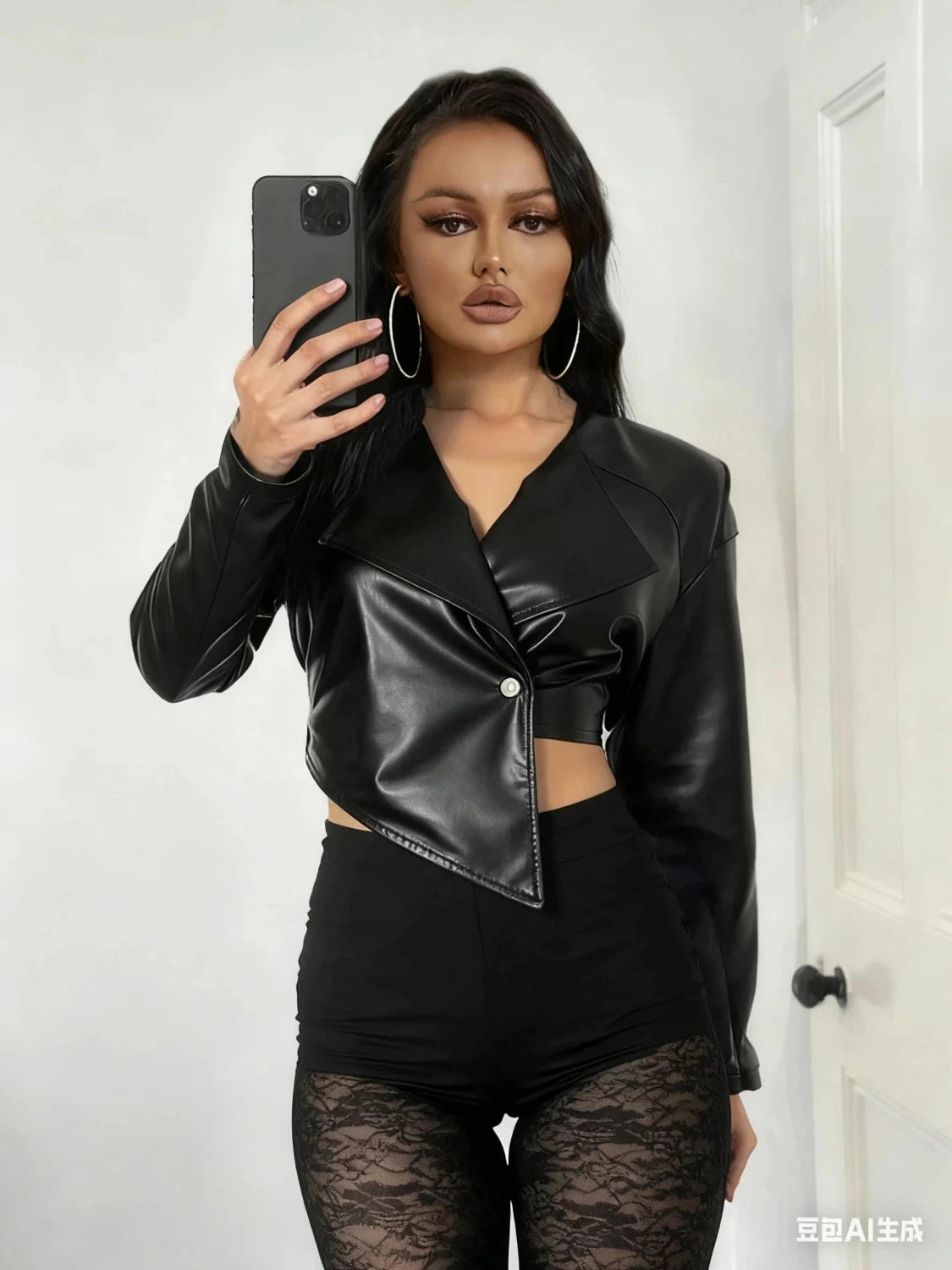 Chic faux leather crop jacket in glossy black with a tailored silhouette and single button closure.