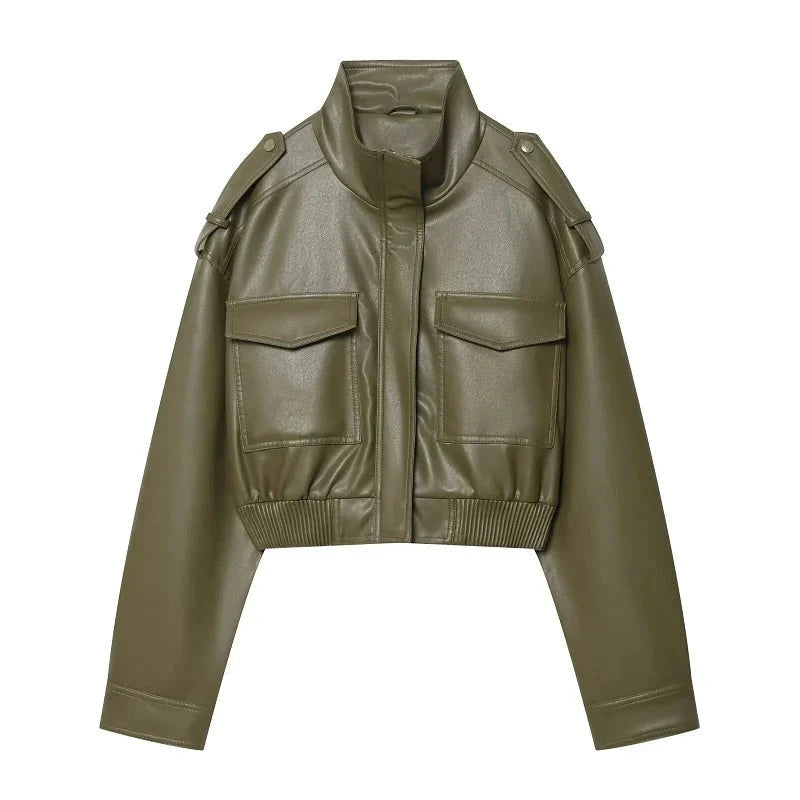 Chic cropped olive green faux leather jacket with zipper closure and pockets, designed for a regular fit.