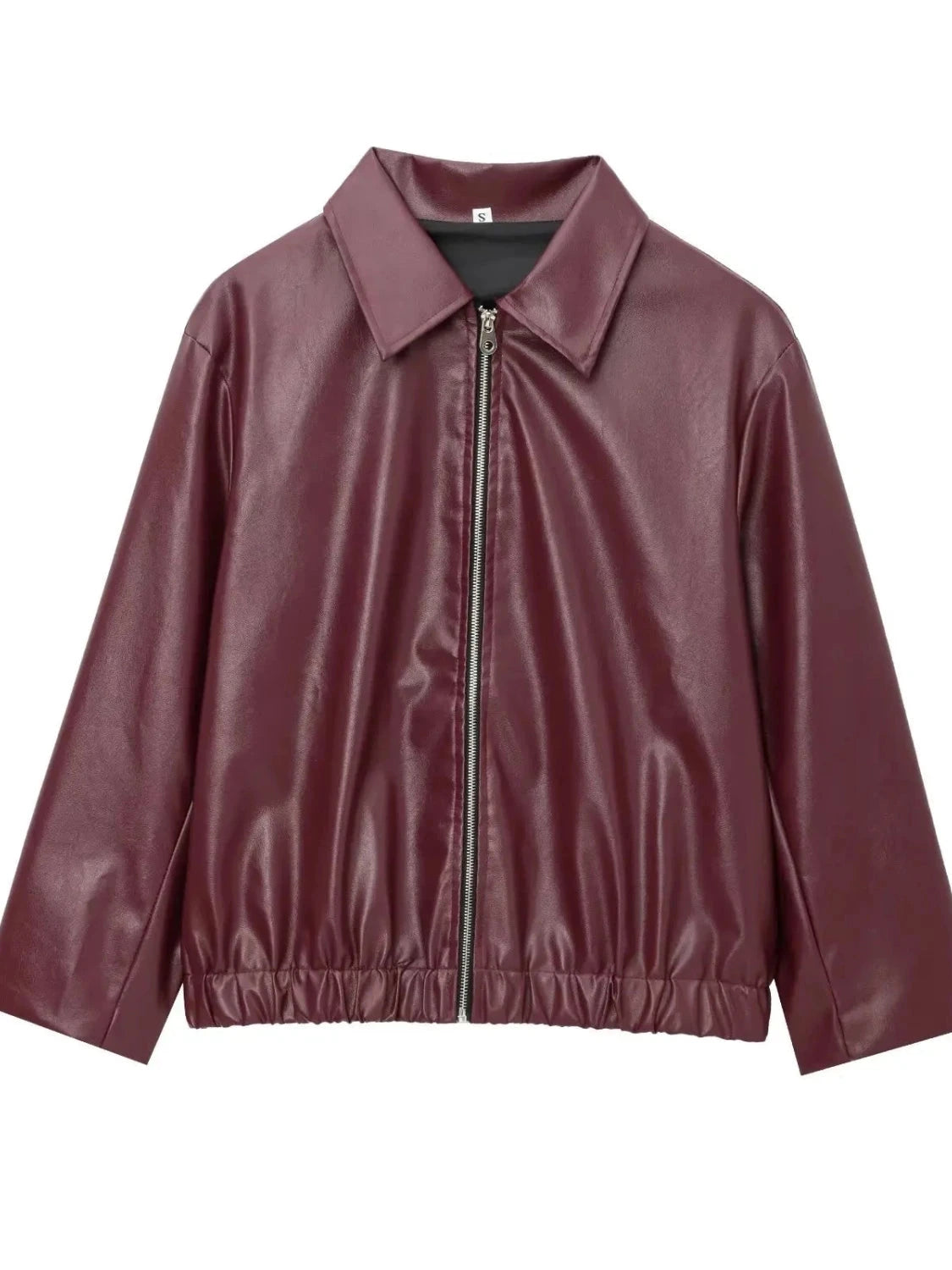 Wine red faux leather zipper jacket with regular fit and sleek silhouette, ideal for casual and urban style.