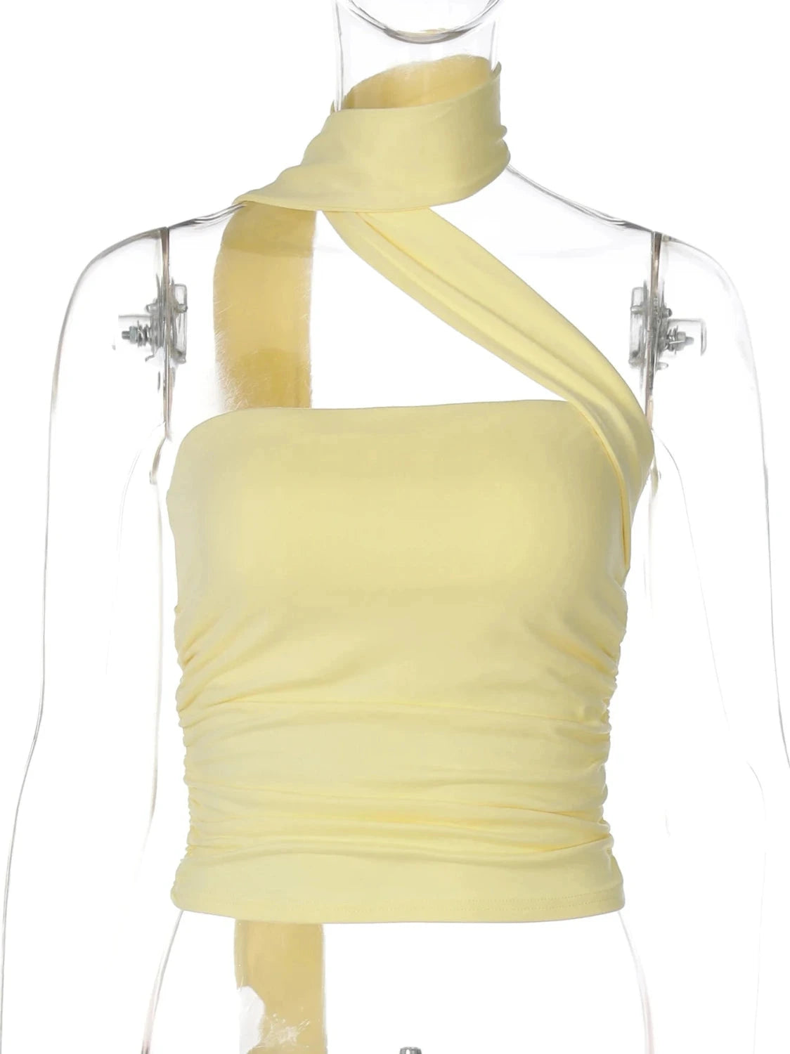 Halter ruched crop top with backless design and slight stretch for comfort. Ideal for casual outings and parties.
