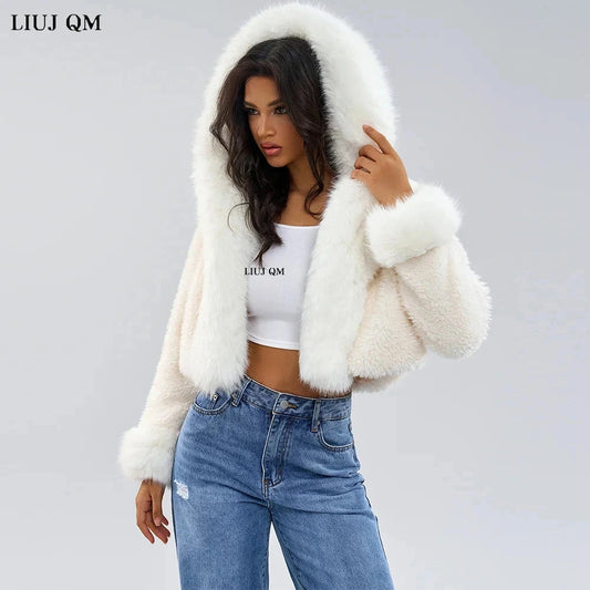 Hooded faux leather fur coat with turn-down collar in cream white, featuring a slim fit and long sleeves.
