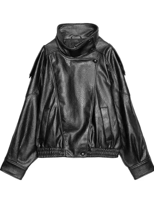 Black loose PU leather jacket with a front zipper and side pockets, displayed on a hanger against a neutral background.