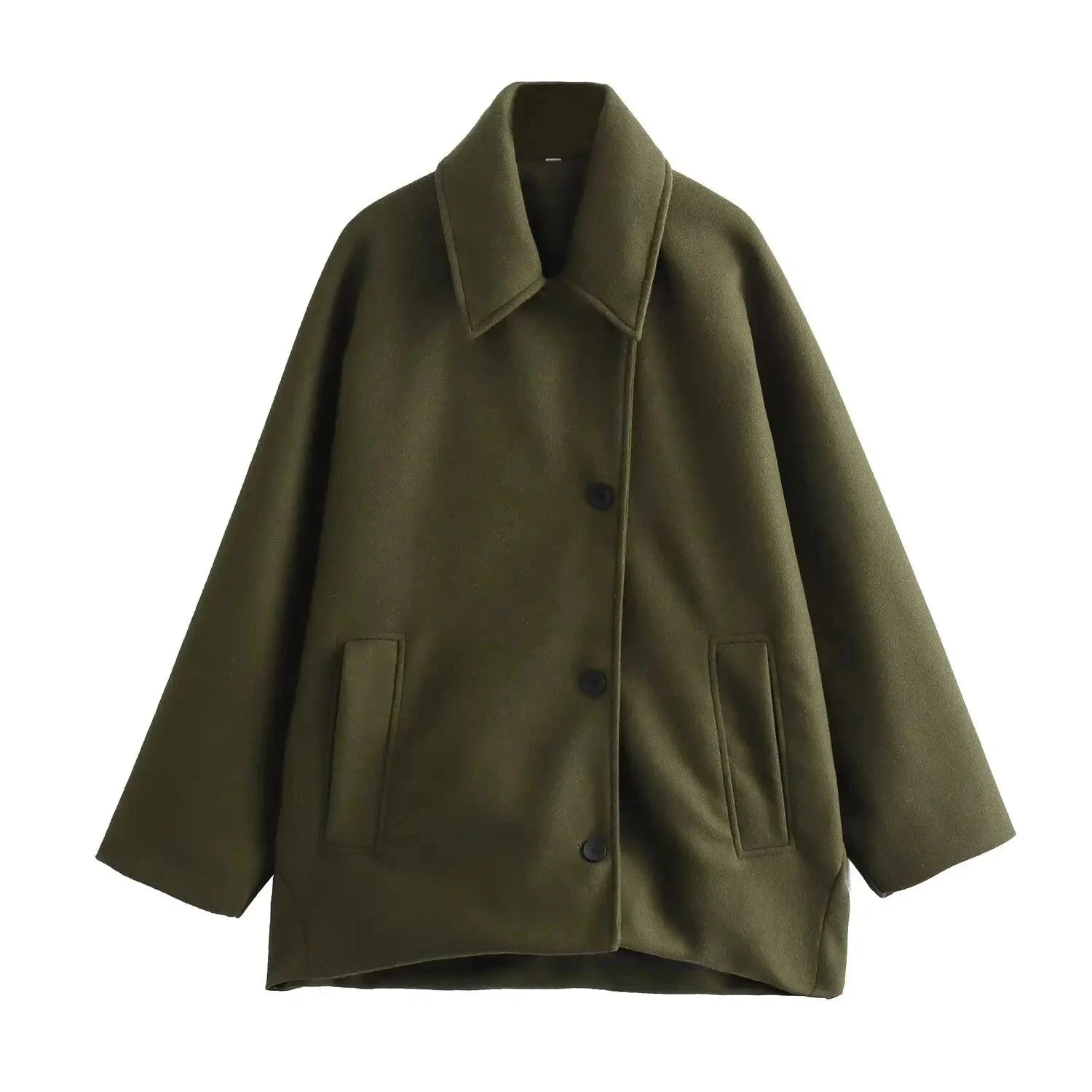Chic oversized long jacket in olive green with a loose fit, single-breasted design, and practical pockets.