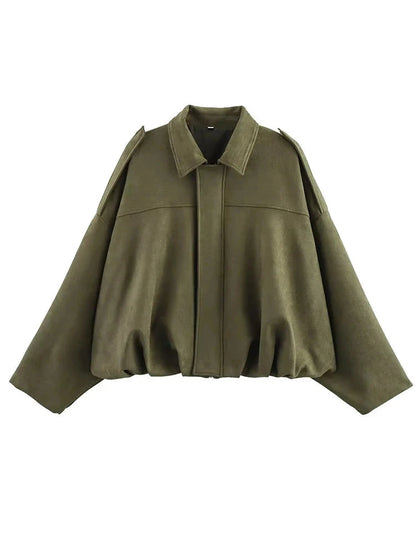 Chic oversized bomber jacket made from polyester with zipper closure and pockets, suitable for casual wear or parties.