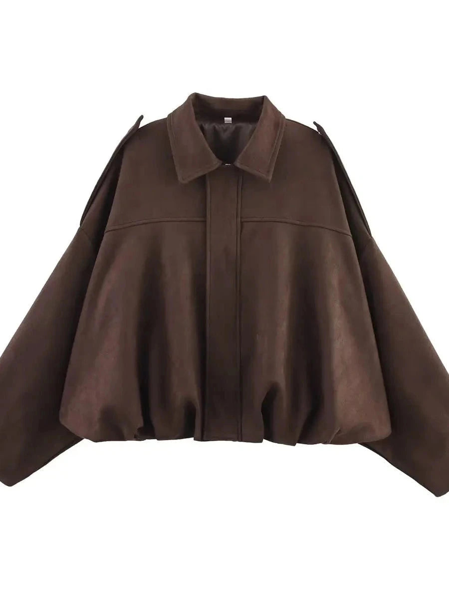 Espresso brown oversized bomber jacket with zipper closure and pockets, made from polyester material.