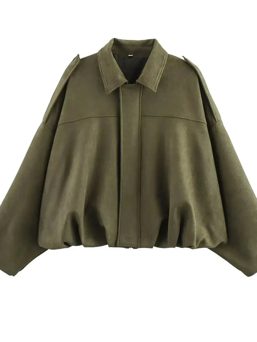 Olive green oversized bomber jacket with zipper closure and pockets, made from polyester material.