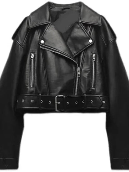 Chic oversized faux leather jacket in classic black with a zipper closure and modern silhouette.