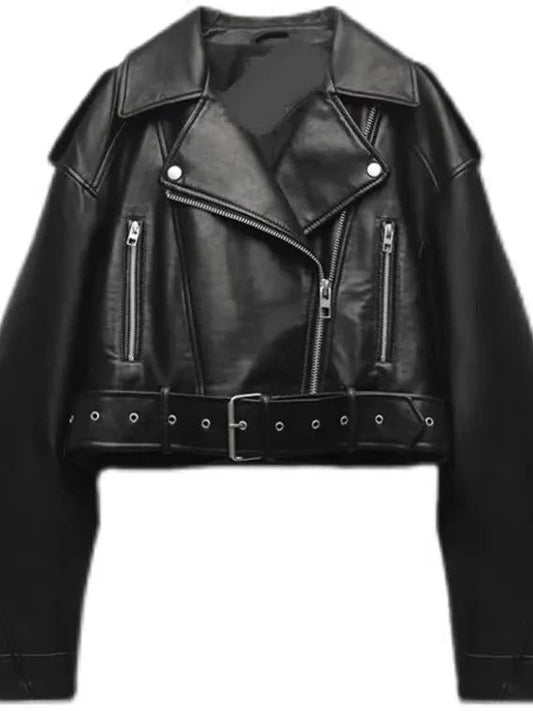 Chic oversized faux leather jacket in classic black with a zipper closure and modern silhouette.