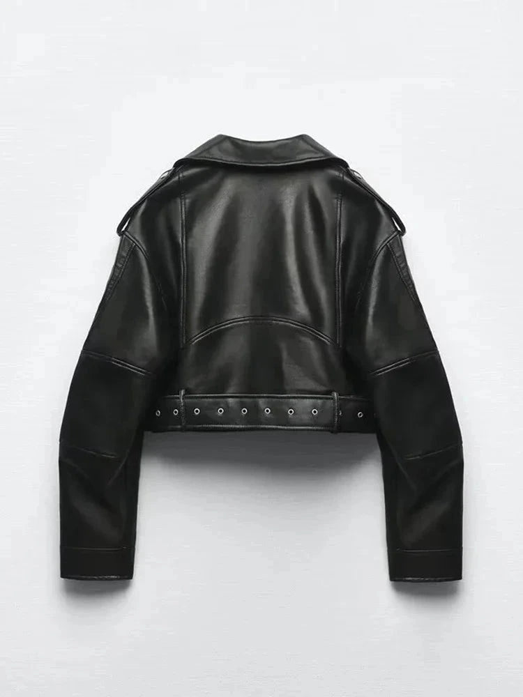Chic oversized faux leather jacket with zipper closure and modern silhouette for casual streetwear.