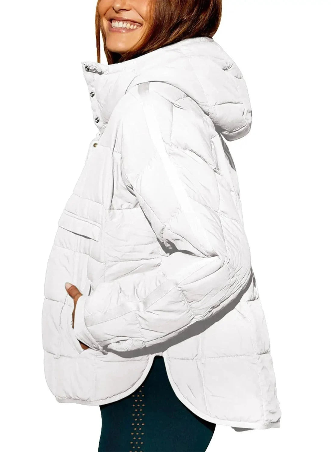 Cozy oversized puffer jacket with a hood, designed for casual outings and layering. Lightweight and relaxed fit.