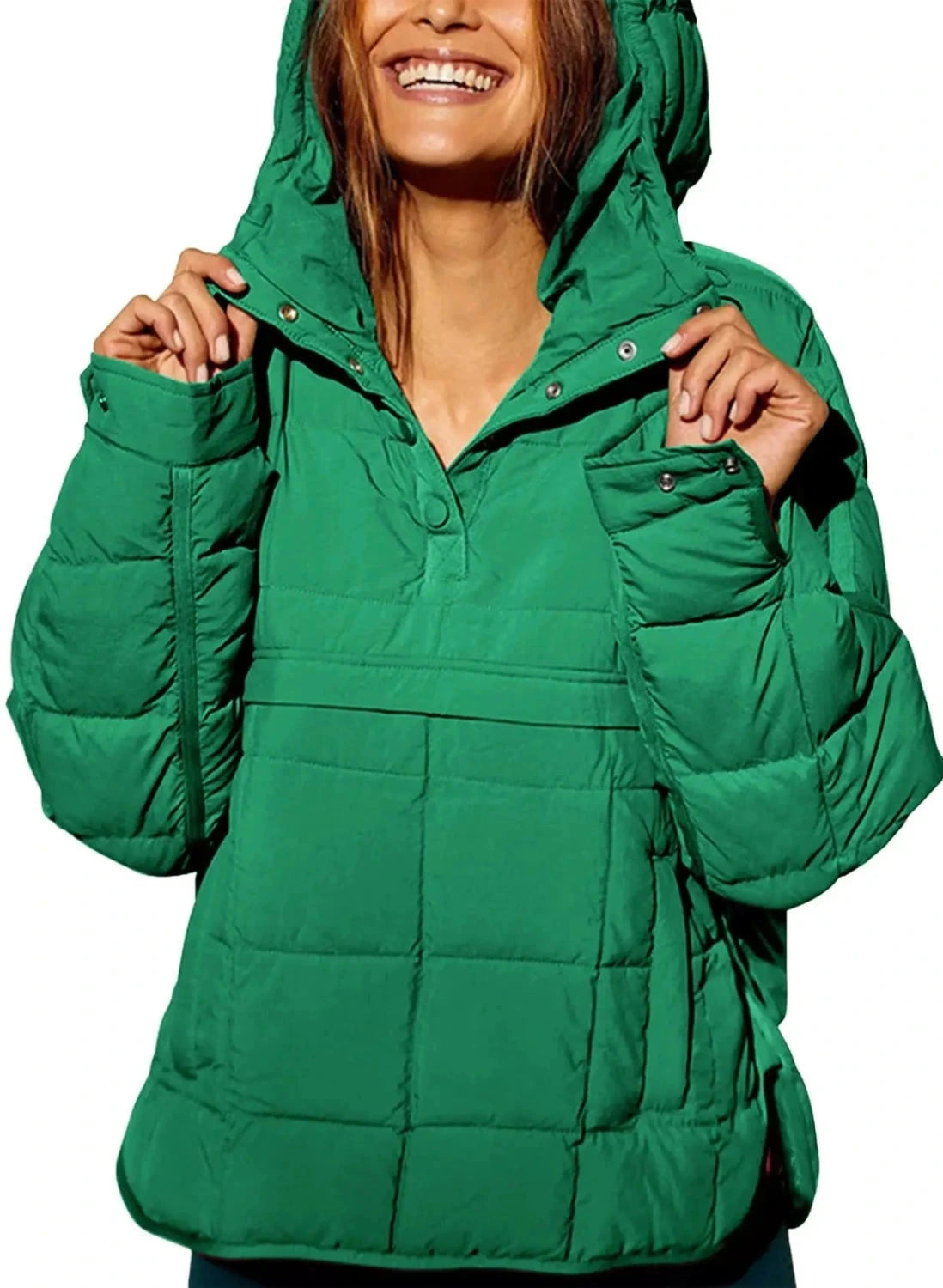 Bright green cozy oversized puffer jacket with hood, designed for casual layering and comfort.