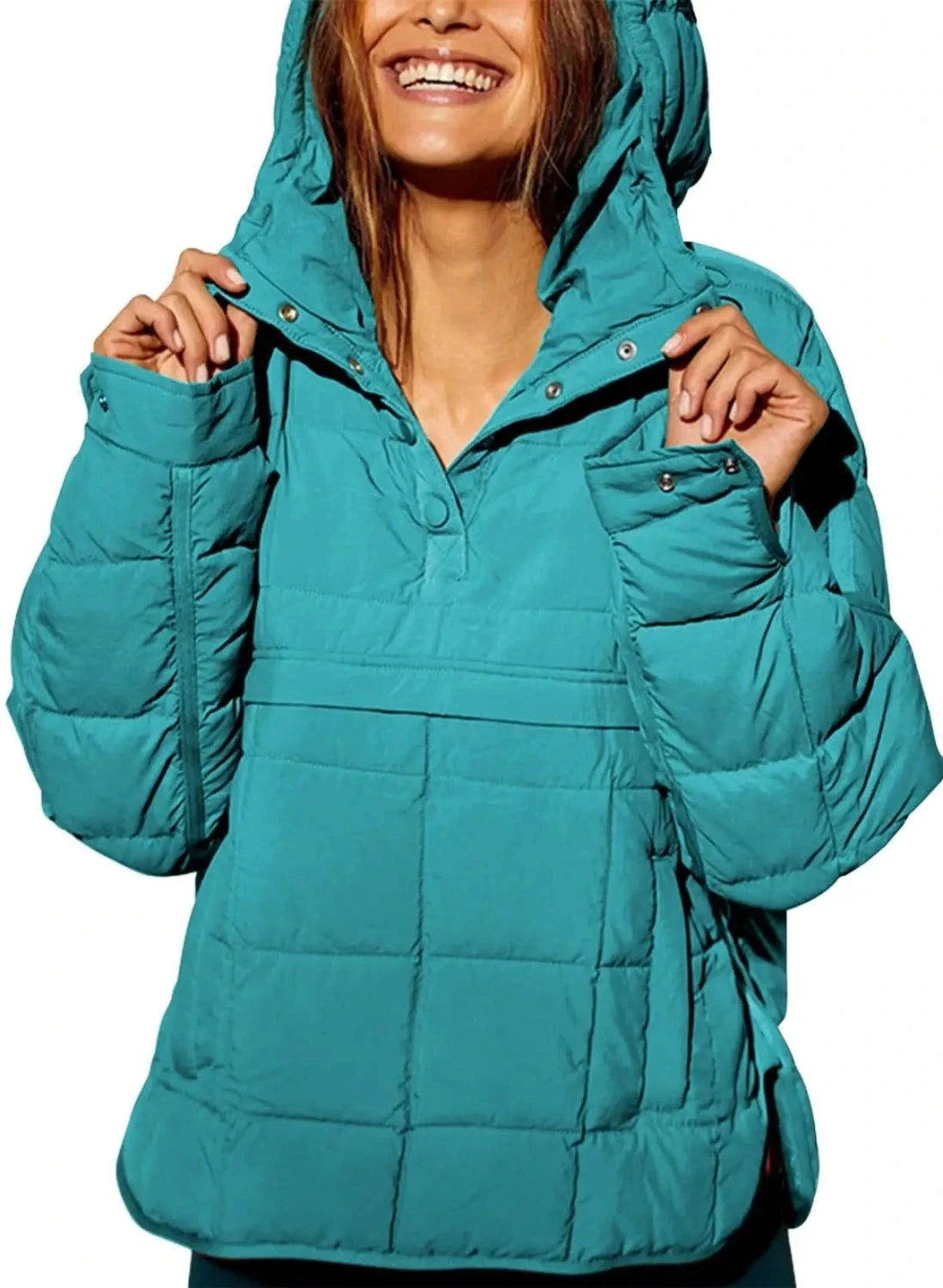 Teal blue cozy oversized puffer jacket with a hood, designed for casual layering and comfort.