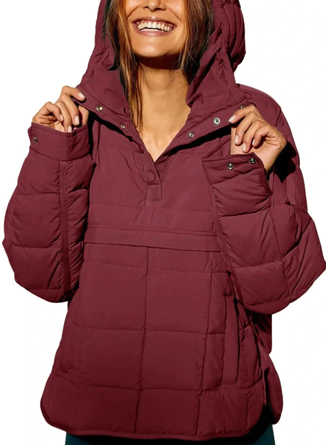 Wine red cozy oversized puffer jacket with a hood, designed for casual outings and layering.