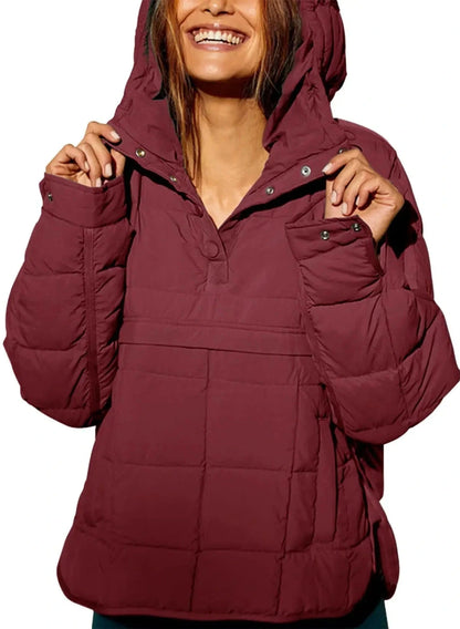 Wine red cozy oversized puffer jacket with a hood, designed for casual outings and layering.