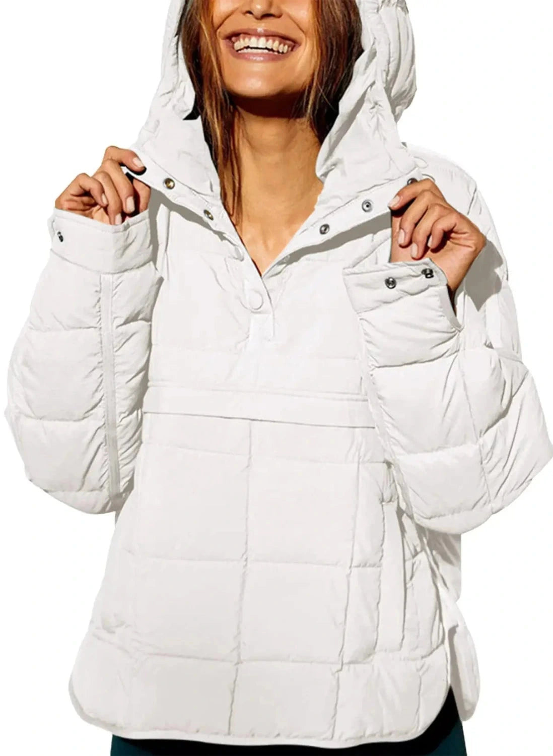 Cozy oversized puffer jacket in bright white with a hooded design, perfect for casual layering.