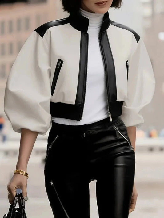 Cropped puff sleeve stand collar jacket in multicolor with zipper closure and contrast color details.