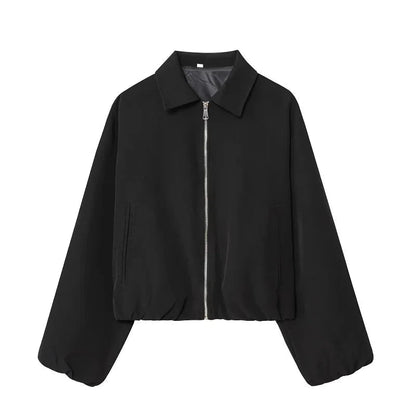 Cropped puffed bomber jacket in midnight black with a relaxed fit and zipper closure.