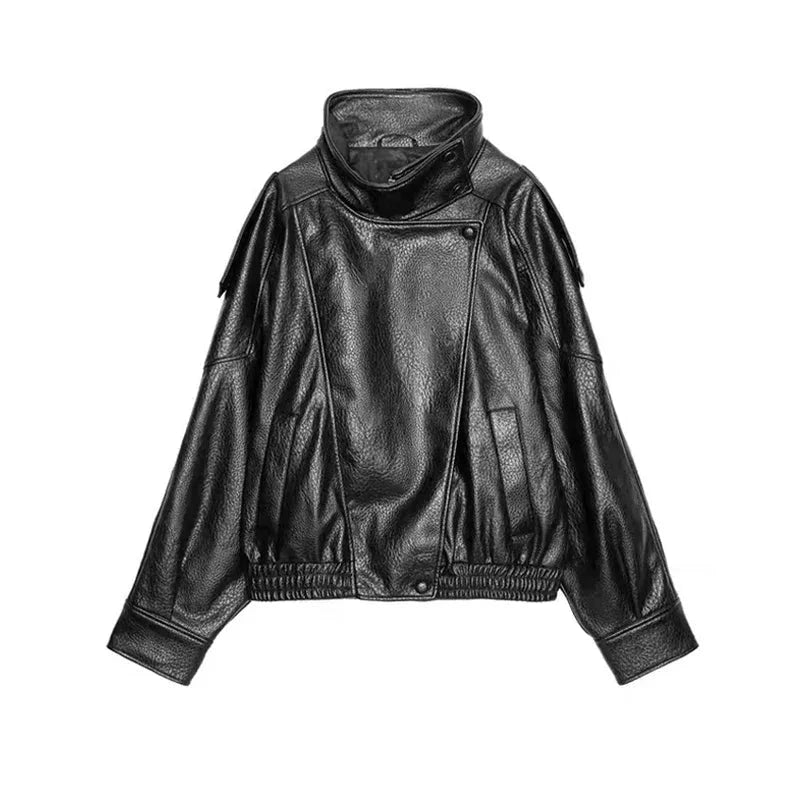 Chic short leather jacket with polished finish, stand collar, and zipper closure in a relaxed fit.