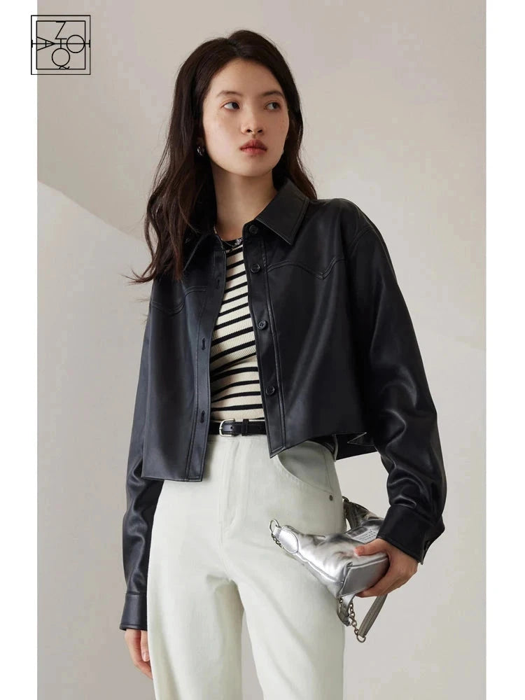 Chic short leather jacket with single breasted closure, crafted from premium PU leather, ideal for casual outings.