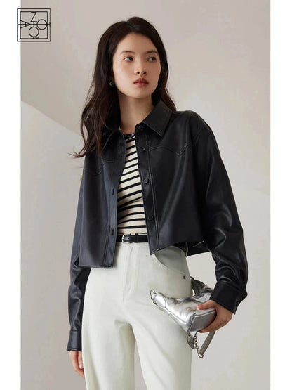 Chic short leather jacket with single breasted closure, crafted from premium PU leather, ideal for casual outings.