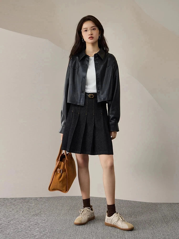 Chic short leather jacket with single breasted closure, crafted from premium PU leather, ideal for casual outings.