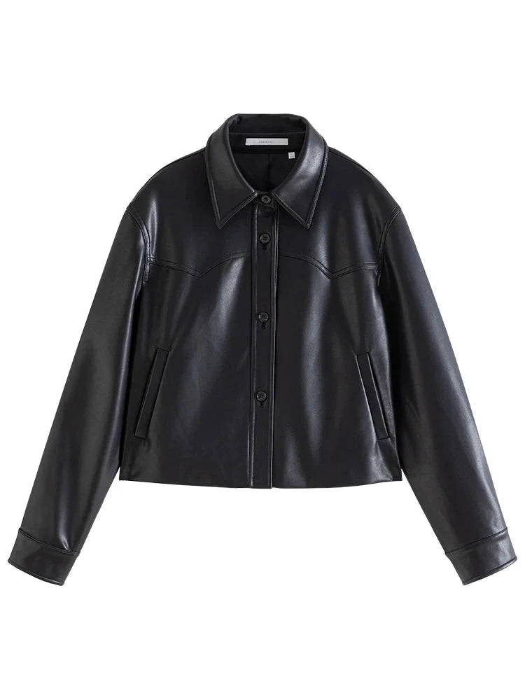 Chic short leather jacket with single breasted closure, crafted from premium PU leather. Ideal for casual outings.