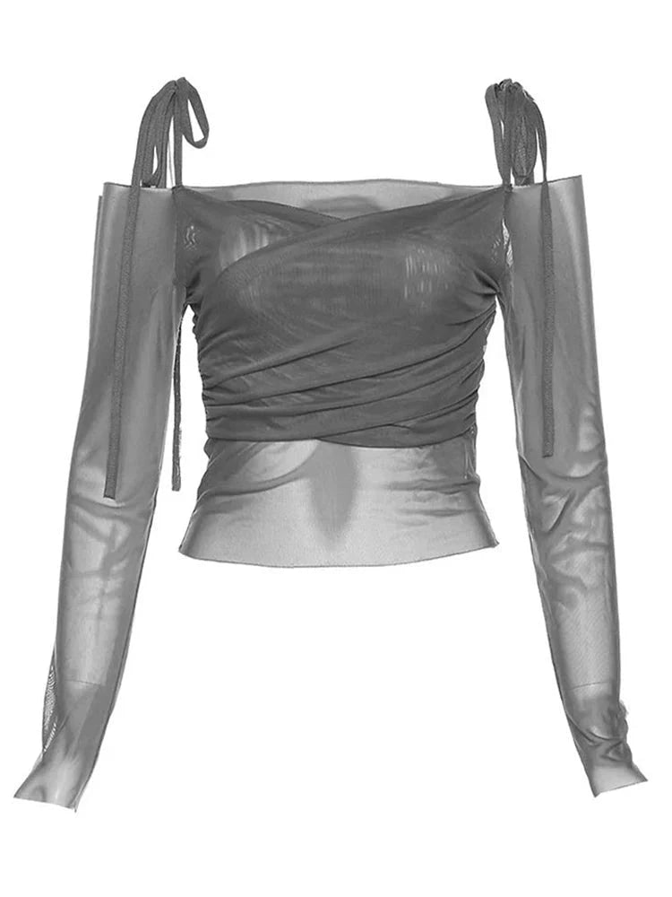 Chic off-shoulder crop top in steel gray with high-stretch mesh fabric, perfect for casual wear or layering.