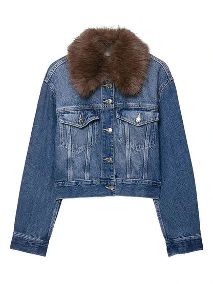 Denim blue chic short jacket with single-breasted closure, crafted from polyester for a regular fit.