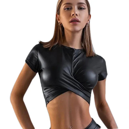 Chic cropped PU leather tank top in glossy black with a sleek finish, perfect for layering or summer outings.