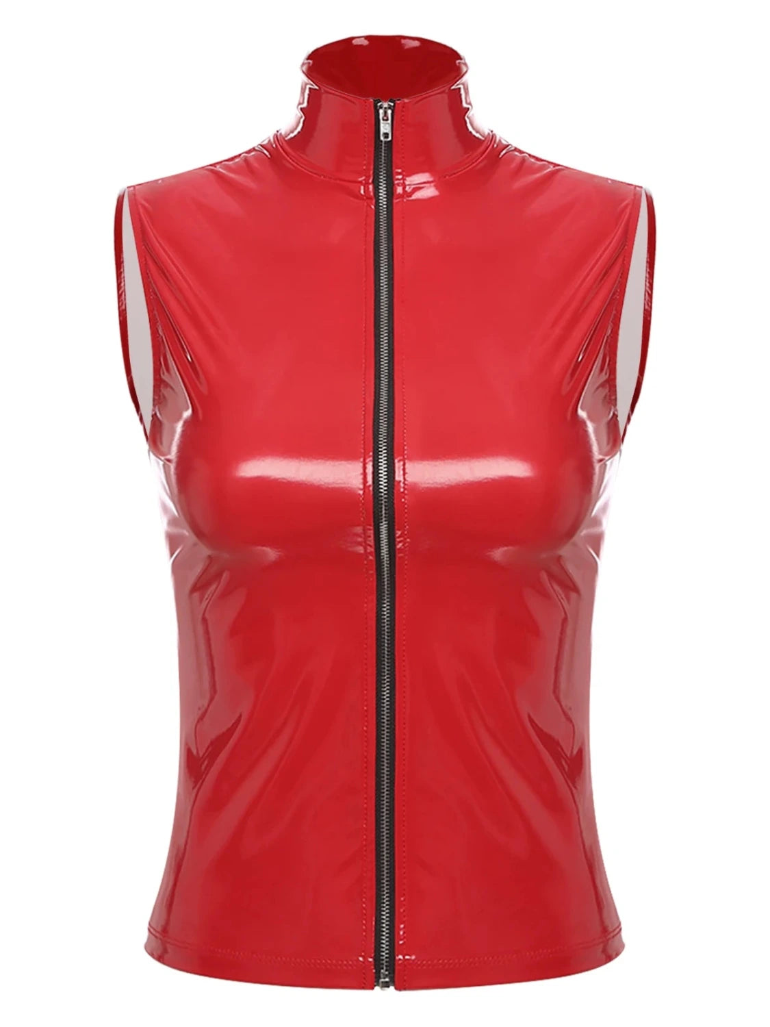 Sleek mock neck sleeveless crop top with front zipper closure and glossy wet look finish in PU leather.