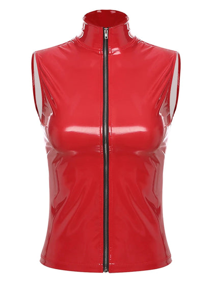 Sleek mock neck sleeveless crop top with front zipper closure and glossy wet look finish in PU leather.