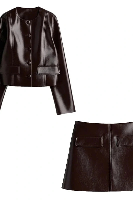 Refined leather jacket and mini skirt ensemble in espresso brown, featuring a single-breasted closure and turn-down collar.