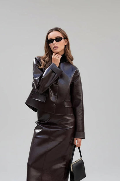 Refined leather jacket and mini skirt ensemble in espresso brown, featuring a single-breasted closure and turn-down collar.