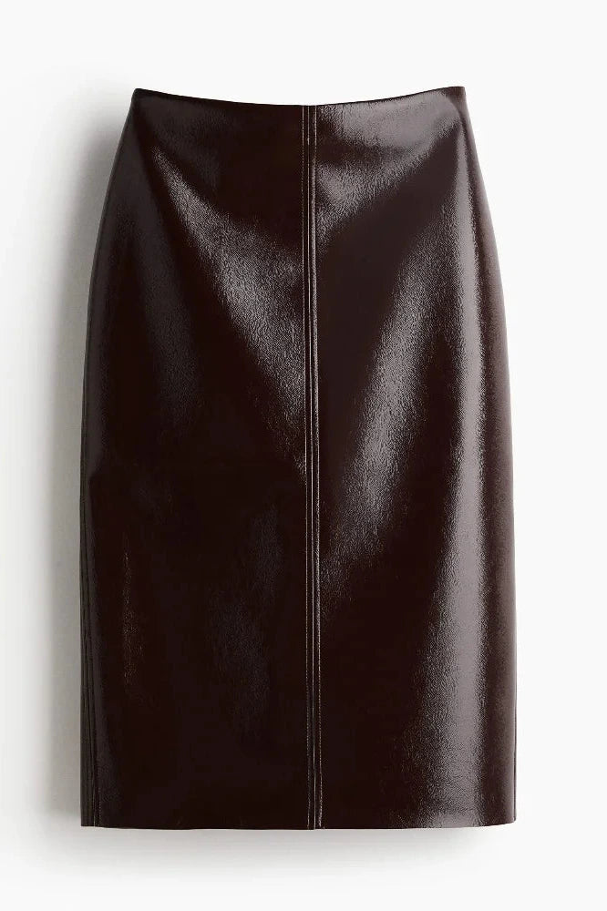 Refined leather jacket and mini skirt ensemble in espresso brown, featuring a single-breasted closure and turn-down collar.