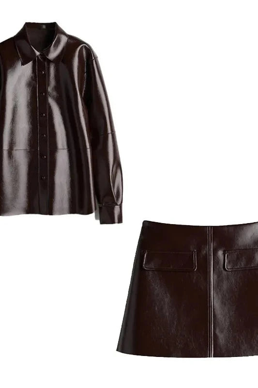 Refined leather jacket and mini skirt ensemble in espresso brown, featuring a single-breasted closure and turn-down collar.