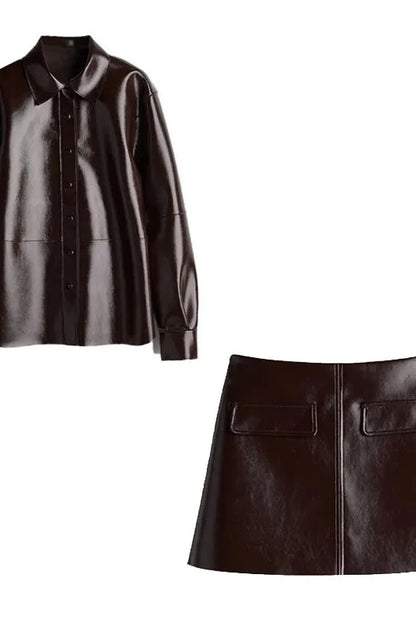 Refined leather jacket and mini skirt ensemble in espresso brown, featuring a single-breasted closure and turn-down collar.