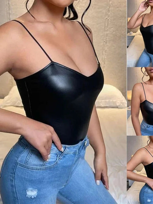 Elegant deep V neck PU leather halter crop top in sleek black with a regular fit and sleeveless design.
