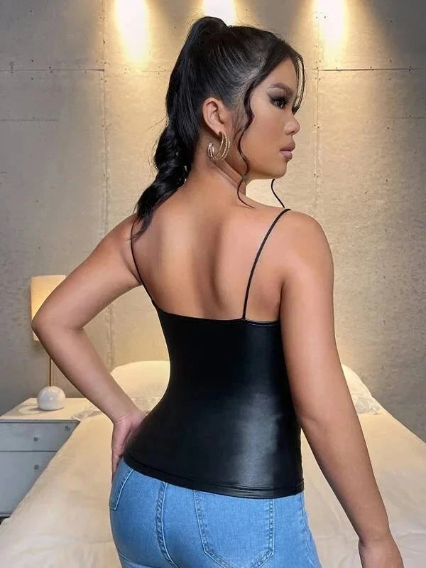 Elegant deep V neck halter crop top made from PU leather with a regular fit and sleeveless design.