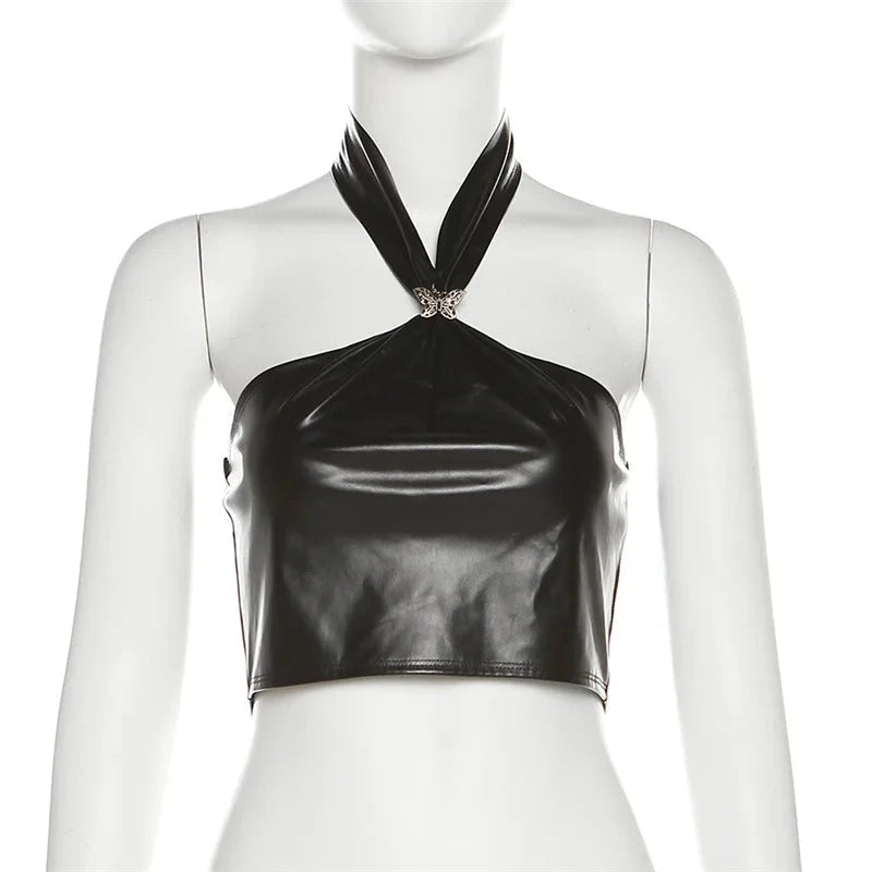 Sleek black halter crop top in PU leather with backless design and midriff-baring silhouette.