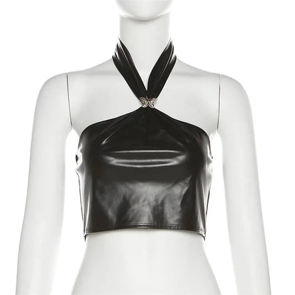 Sleek black halter crop top in PU leather with backless design and midriff-baring silhouette.